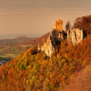 Reussenstein castle ruins above the Neidlinger valley at sunset in autumn, Swabian Alb, Baden-Württemberg, Germany Reussenstein castle ruins above the Neidlinger valley at sunset in autumn, Swabian Alb, Baden-Württemberg, Germany